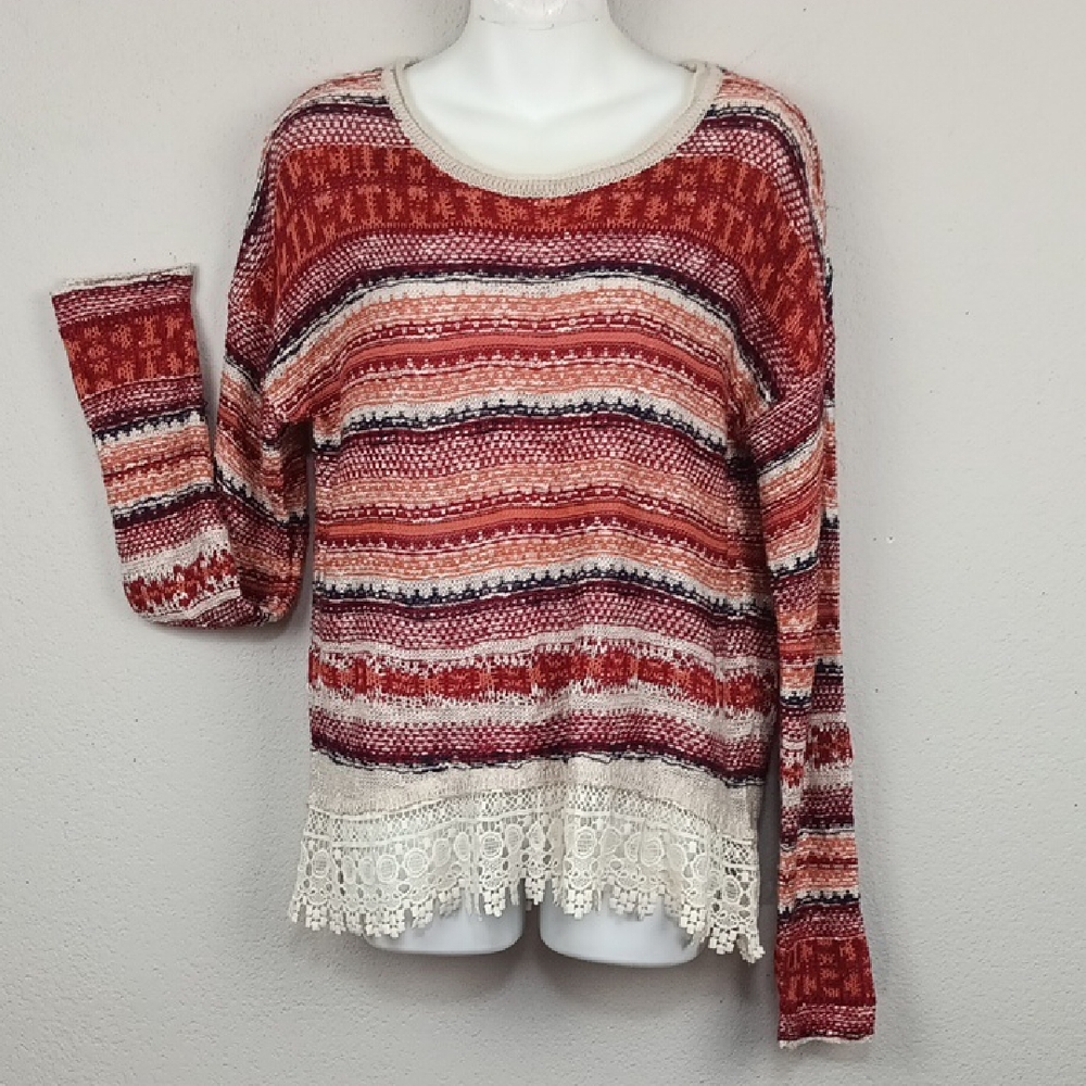 Jolt Multicolor Knit Textured Stripe Lace Hem Long Sleeve Boho Sweater sz L